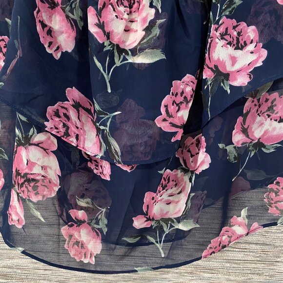 Lucy Pass Navy Floral Chiffon Ruffled Blouse With Pink Peony Print - Small NWT - Picture 2 of 7